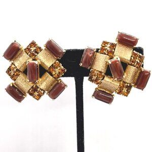 3/$30 VINTAGE RHINESTONES CLIP ON EARRINGS BROWN GLASS GOLD TONE SQUARE